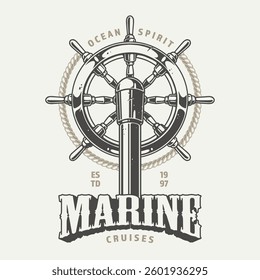 A vintage-inspired emblem features a ship's wheel surrounded by ropes. The design includes the text Ocean Spirit and Marine Cruises indicating a connection to maritime adventures.
