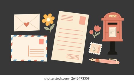 Vintage-inspired flat illustration set of mail and postage-themed elements. Includes hand-drawn letter, envelope, stamp, postbox, pen, and flowers. Perfect for stationery and romantic messages.