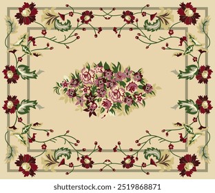 A vintage-inspired floral pattern featuring burgundy, red, and green flowers with leaves. The intricate border complements the central bouquet, ideal for textile, wallpaper, carpet, or home decor desi