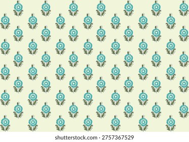 A vintage-inspired floral pattern featuring evenly spaced teal-blue circular flowers with green foliage on an off-white background.