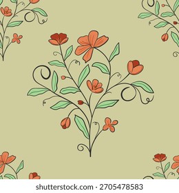 Patrón floral inspirado en Antiguas sobre un fondo verde apagado, con flores suaves dibujadas a mano para papelería o telas retro.