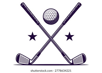 Vintage-inspired golf logo design featuring crossed vintage-style golf clubs with a classic golf ball and two stars, monochromatic ink illustration for sports branding and branding materials