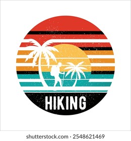 A vintage-inspired hiking vector illustration featuring a retro sunset gradient background, palm tree silhouettes, and bold typography. Perfect for outdoor, adventure, or nature-related designs. 