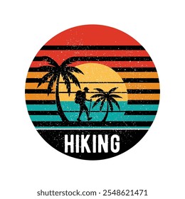 A vintage-inspired hiking vector illustration featuring a retro sunset gradient background, palm tree silhouettes, and bold typography. Perfect for outdoor, adventure, or nature-related designs. 