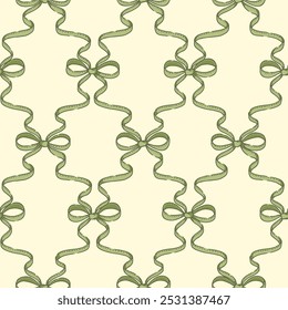 Vintage-inspired holiday pattern with intertwining green ribbons. This seamless design showcases a classic motif in a subtle color palette, ideal for creating a sophisticated seasonal atmosphere.