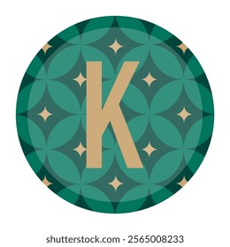 A vintage-inspired letter K surrounded by a floral starburst pattern in rich green and gold. Perfect for retro-themed designs and elegant projects.