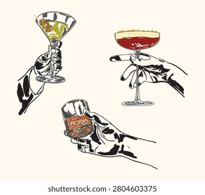 Vintage-inspired line art featuring elegant hands holding assorted alcoholic beverages including martinis and old fashioned cocktails. Ideal for bar menus, hospitality branding, posters, restaurant décor, and editorial designs.
