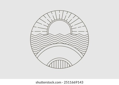 A vintage-inspired line art logo featuring mountains, ocean waves, and a rising sun, with the moon overlooking the scene, representing the balance and beauty of natural elements