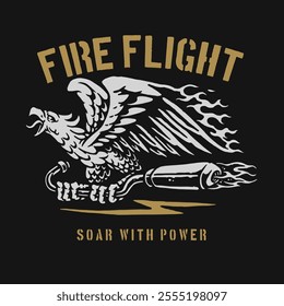 Vintage-inspired logo featuring a bold eagle with flaming wings and a motorcycle exhaust motif, perfect for branding motorcycle clubs and custom merchandise.