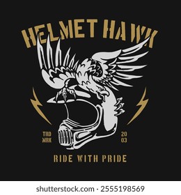 Vintage-inspired logo featuring a powerful eagle perched on a motorcycle helmet, ideal for motorcycle club branding, custom apparel, and promotional merchandise.