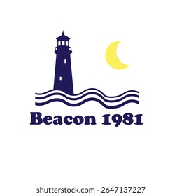 A vintage-inspired nautical logo design featuring a classic lighthouse, crescent moon, and stylized ocean waves. The text "Beacon 1981" enhances the retro maritime feel. Perfect for sailing brands, co