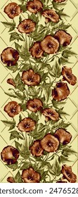 Vintage-inspired pattern with brown flowers and green leaves on a pale yellow background with diamond patterns.