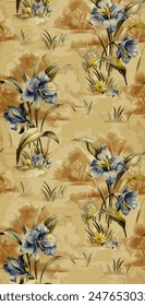 Vintage-inspired pattern featuring blue and yellow flowers in a marsh setting, ideal for wallpaper, fabric, or other textile applications.