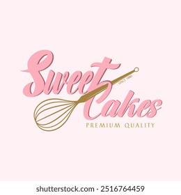 Vintage-inspired pink bakery logo featuring elegant script and a whisk, perfect for cake shops, pastry brands, or dessert businesses seeking a premium and feminine brand identity.