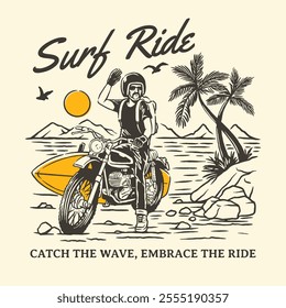 Vintage-inspired poster featuring a motorcyclist with a surfboard on a tropical beach backdrop, accompanied by palm trees, mountains, and a setting sun, ideal for motorcycle and surfing enthusiasts.