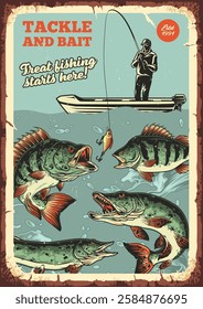 A vintage-inspired poster showcases a fisherman casting his line from a boat while large fish leap in the water. The design evokes a sense of adventure and excitement for fishing.