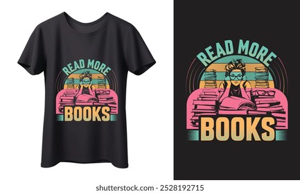 Vintage-inspiriertes "Read More Books" T-Shirt-Design, perfekt für Buchliebhaber, Leser und Bibliotheksbegeisterte. Feiern Sie die Freude am Lesen mit diesem einzigartigen Design, ideal für Freizeitkleidung oder als Geschenk.