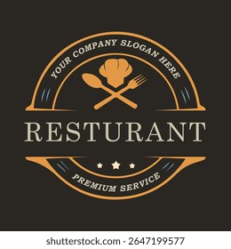 Logotipo de restaurante com inspiração vintage, com chapéu de chef, talheres e um compromisso de serviço premium