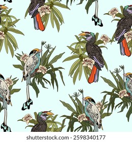 Vintage-inspired seamless bird illustration with floral. Exotic bird print with detailed botanical accents on a light background