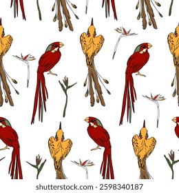 Vintage-inspired seamless bird illustration with floral. Exotic bird print with detailed botanical accents on a light background