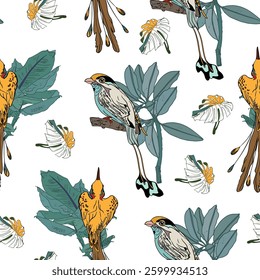 Vintage-inspired seamless bird illustration with floral. Exotic bird print with detailed botanical accents on a light background
