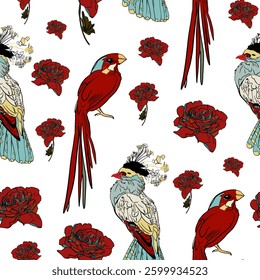 Vintage-inspired seamless bird illustration with floral. Exotic bird print with detailed botanical accents on a light background