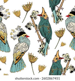 Vintage-inspired seamless bird illustration with floral. Exotic bird print with detailed botanical accents on a light background