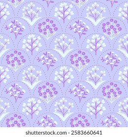 Vintage-inspired seamless botanical design featuring intricate flowers in shades of purple and lilac tones. Perfect for textile prints, wallpaper, stationery, and elegant home decor.