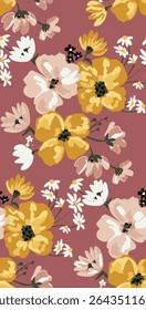 Padrão floral sem emenda inspirado no vintage com flores amarelas, vermelhas e brancas desenhadas à mão em um fundo de mudas. Ideal para roupas femininas, têxteis, papel de parede, moda de primavera e verão 