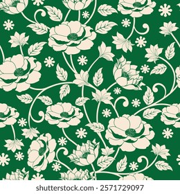 A vintage-inspired seamless floral pattern with white flowers and leaves on a rich green background. The design features intricate details and swirling motifs, creating a sense of elegance. 