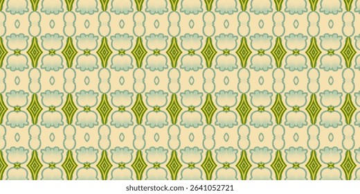 Vintage-inspired seamless pattern with floral shapes in green and beige tones. Great for retro wallpapers, packaging, and textiles.