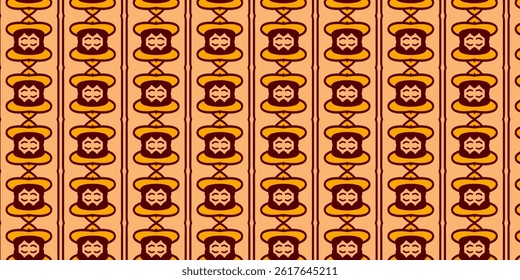 A vintage-inspired seamless pattern with stylized faces in warm hues of orange and brown.