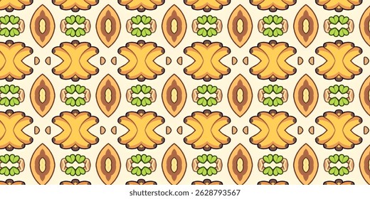 Vintage-inspired seamless pattern with yellow, brown, and green tones on a cream background. 