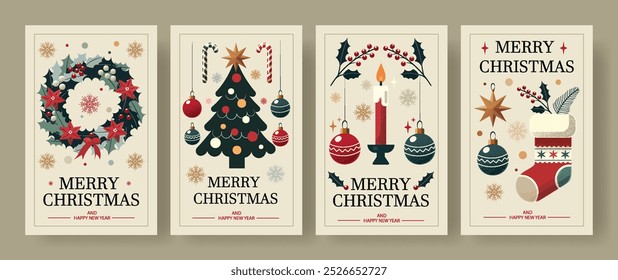 Vintage-Inspired Set of Four Minimalist Christmas Greeting Cards Featuring a Wreath, Decorated Tree, Candle with Ornaments, and Festive Stocking, All with Subtle Holiday Accents and Warm Tones