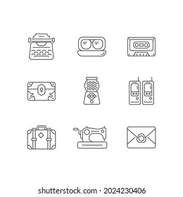 Vintage-inspired style linear icons set. Typewriter model. Aviator glasses. Tape cassette. Vintage box. Customizable thin line contour symbols. Isolated vector outline illustrations. Editable stroke