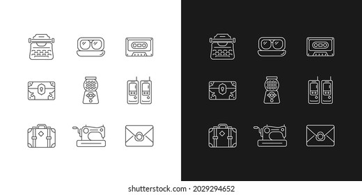 Vintage-inspired style linear icons set for dark and light mode. Typewriter. Aviator glasses. Tape cassette. Customizable thin line symbols. Isolated vector outline illustrations. Editable stroke