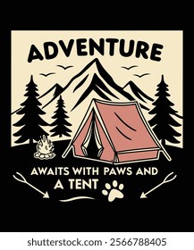 A vintage-inspired t shirt design showcasing a serene camping scene with a mountain backdrop, a cozy tent, and a campfire.