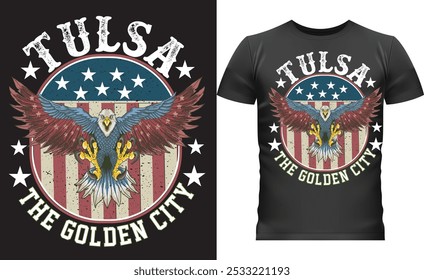 Design de camiseta tulsa inspirado no vintage com uma águia ousada, bandeira americana e texto 'A Cidade Dourada'. Ideal para temas patrióticos, vestuário retrô e orgulho urbano.