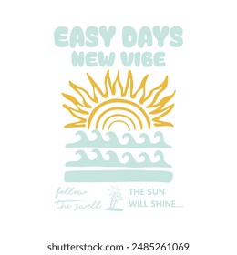 A vintage-inspired vector graphic featuring a hand-drawn sun, ocean waves, and palm trees. Includes 