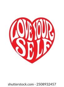 Un gráfico de Vector de inspiración vintage con un diseño en forma de corazón con el texto "LOVE YOURSELF" en una fuente psicodélica. Perfecto para proyectos temáticos de amor propio, gráficos de redes sociales y más.