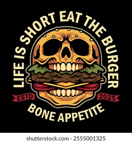 A vintage-inspired vector illustration featuring a skull devouring a burger. Perfect for t-shirts, posters, and more.