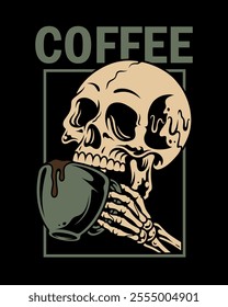 A vintage-inspired vector illustration featuring a skull enjoying a cup of coffee. Perfect for t-shirts, posters, and more.