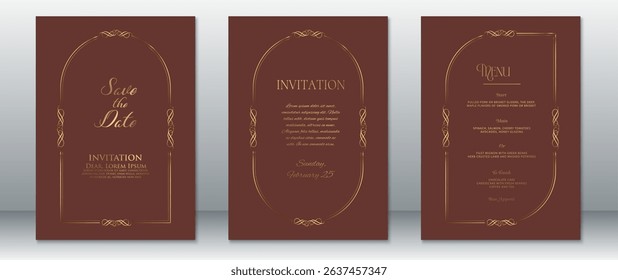 Vintage-inspired wedding invitation set with gold ornamental curved frames on a rich brown background. Perfect for classic weddings, elegant ceremonies, and formal events.