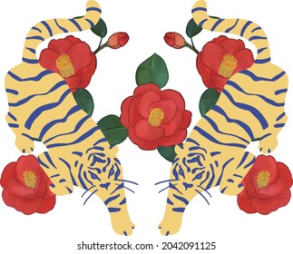 vintage-like tiger and camellia flower vector illustration