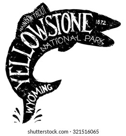 Vintage-looking illustration of a label about Yellowstone fishing featuring a silhouette of a trout.