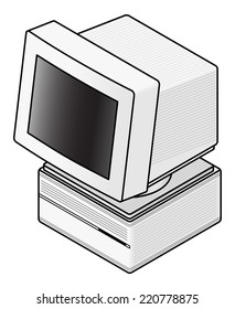 A vintage/retro 90's style personal computer terminal and monitor. 