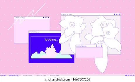 Vintage/retro OS style desktop, taskbar and frame with tropical outline flowers, bright pastel pink and ultramarine color scheme, simple illustration 90s inspired background template