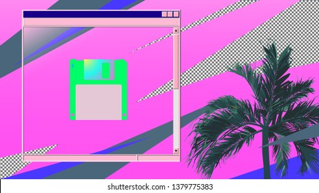 Vintage/retro palm tree and blank vintage OS style frame with floppy disk icon, 80s elements and color inspired background template