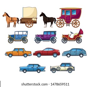 Vintages classec and modern cars with horse carriages set of icons, transport evolution. ,vector illustration graphic design.