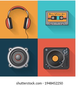 Vintages music icons, headphones, Cassette tape, turntable, speaker